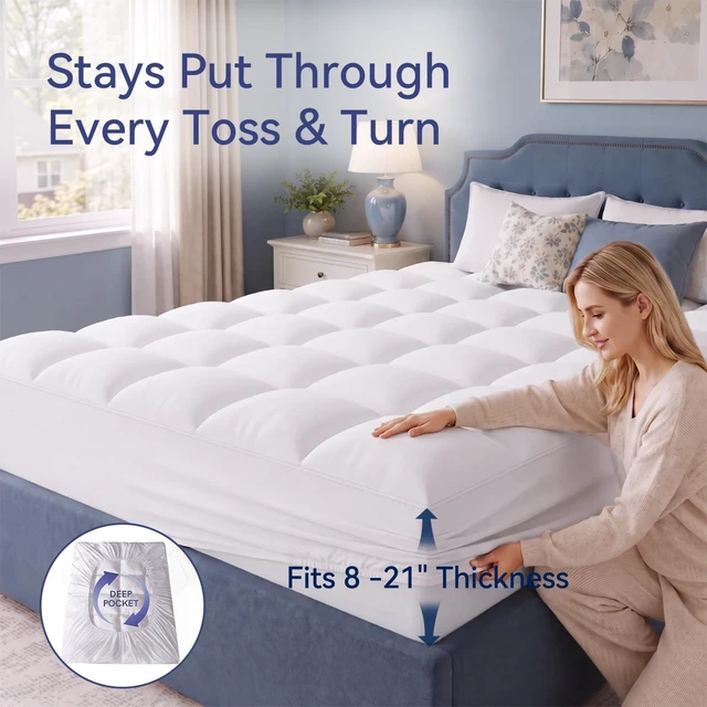 Alt view image 4 of 7 - King Mattress Topper, Extra Thick Pillow Top Mattress Pad Cover | Plush soft breathable bed topper for back pain relief, with elastic deep pocket and overfilled down alternative filling