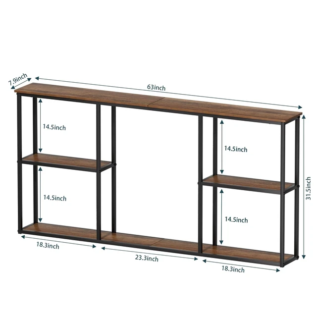 Alt view image 2 of 7 - 63 in Entryway Table Modern Sofa Table with Shelves Walnut | 7.9 Inch Narrow Console Table for Living Room, 63" Hallway Table for Corridor, with 3-Tier Storage