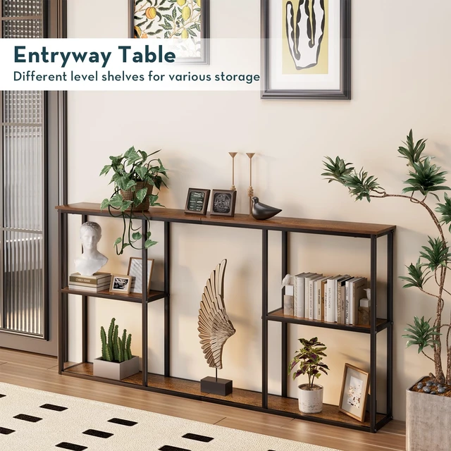 Alt view image 3 of 7 - 63 in Entryway Table Modern Sofa Table with Shelves Walnut | 7.9 Inch Narrow Console Table for Living Room, 63" Hallway Table for Corridor, with 3-Tier Storage