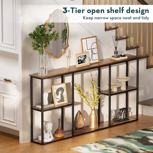 Alt view image 4 of 7 - 63 in Entryway Table Modern Sofa Table with Shelves Walnut | 7.9 Inch Narrow Console Table for Living Room, 63" Hallway Table for Corridor, with 3-Tier Storage