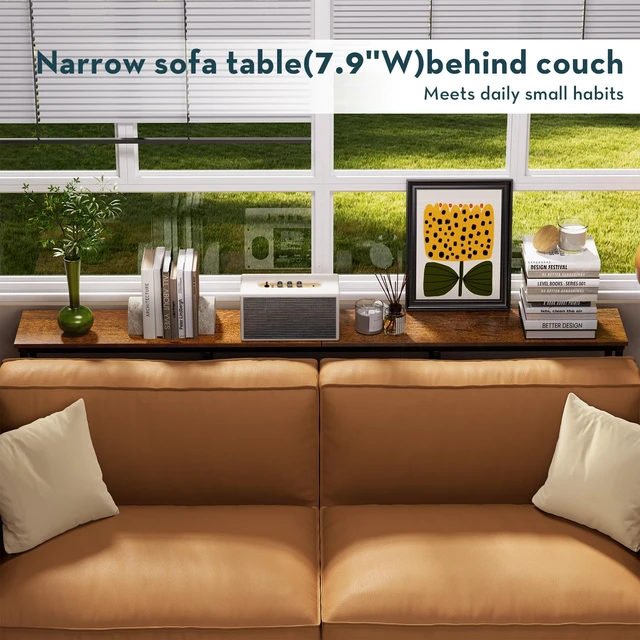 Alt view image 6 of 7 - 63 in Entryway Table Modern Sofa Table with Shelves Walnut | 7.9 Inch Narrow Console Table for Living Room, 63" Hallway Table for Corridor, with 3-Tier Storage