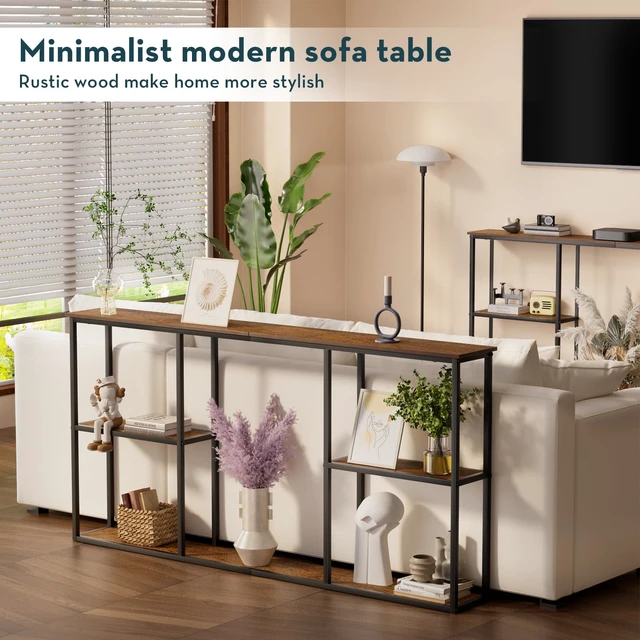 Alt view image 7 of 7 - 63 in Entryway Table Modern Sofa Table with Shelves Walnut | 7.9 Inch Narrow Console Table for Living Room, 63" Hallway Table for Corridor, with 3-Tier Storage