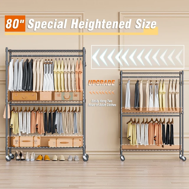 Alt view image 2 of 7 - Heavy Duty Rolling Clothing Rack, Adjustable Garment Rack with 3 Tier Storage Shelves, Freestanding Closet Wardrobe for Hanging Clothes with Side Hooks, Gray