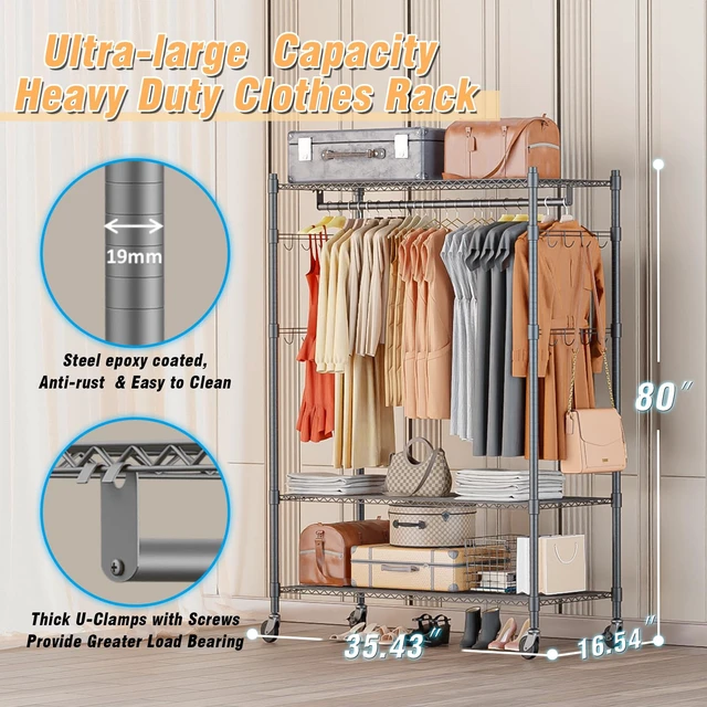 Alt view image 3 of 7 - Heavy Duty Rolling Clothing Rack, Adjustable Garment Rack with 3 Tier Storage Shelves, Freestanding Closet Wardrobe for Hanging Clothes with Side Hooks, Gray
