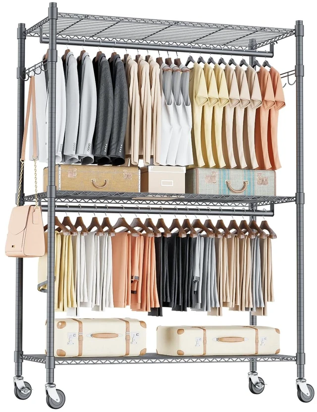 Main image of Heavy Duty Rolling Clothing Rack, Adjustable Garment Rack with 3 Tier Storage Shelves, Freestanding Closet Wardrobe for Hanging Clothes with Side Hooks, Gray