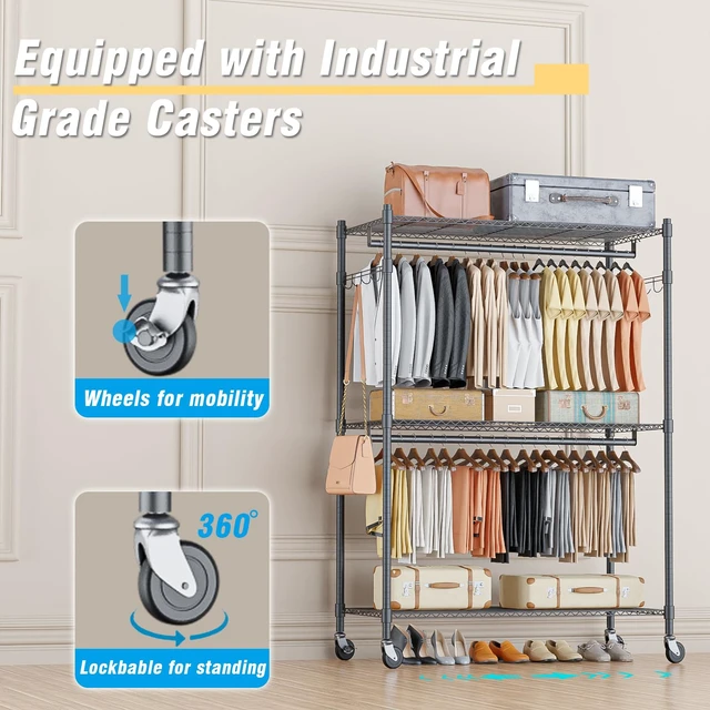 Alt view image 4 of 7 - Heavy Duty Rolling Clothing Rack, Adjustable Garment Rack with 3 Tier Storage Shelves, Freestanding Closet Wardrobe for Hanging Clothes with Side Hooks, Gray