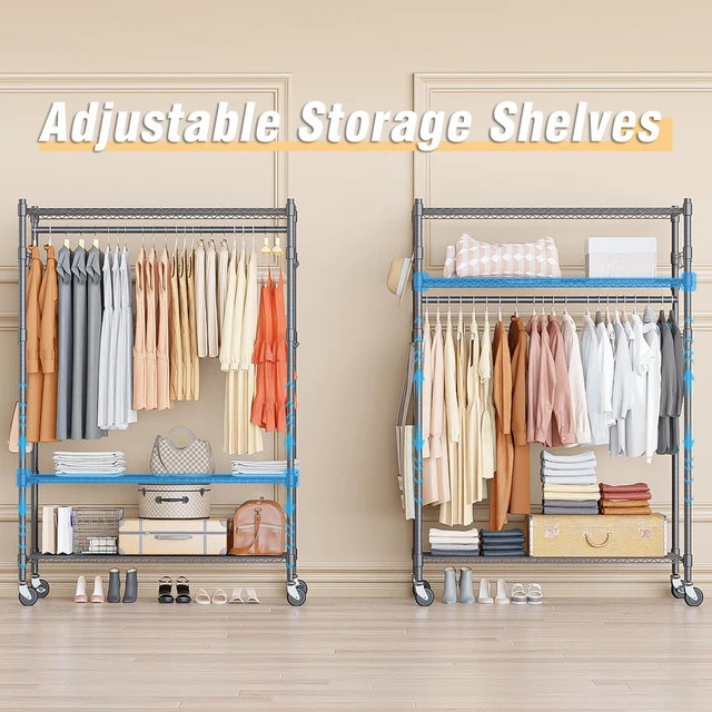 Alt view image 5 of 7 - Heavy Duty Rolling Clothing Rack, Adjustable Garment Rack with 3 Tier Storage Shelves, Freestanding Closet Wardrobe for Hanging Clothes with Side Hooks, Gray