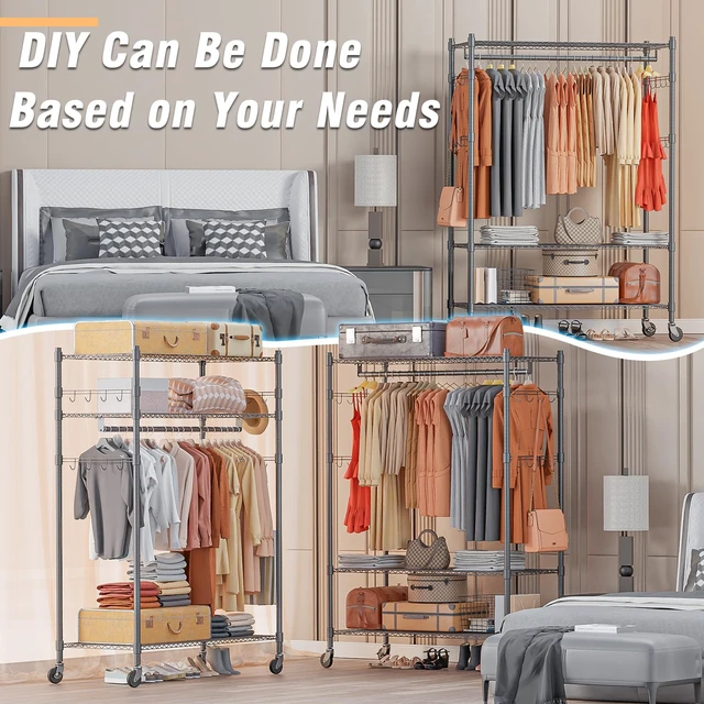 Alt view image 6 of 7 - Heavy Duty Rolling Clothing Rack, Adjustable Garment Rack with 3 Tier Storage Shelves, Freestanding Closet Wardrobe for Hanging Clothes with Side Hooks, Gray