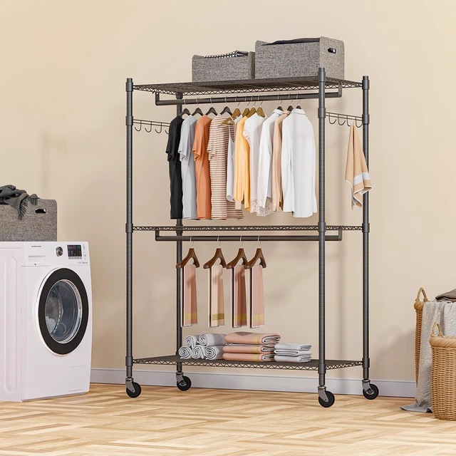 Alt view image 7 of 7 - Heavy Duty Rolling Clothing Rack, Adjustable Garment Rack with 3 Tier Storage Shelves, Freestanding Closet Wardrobe for Hanging Clothes with Side Hooks, Gray