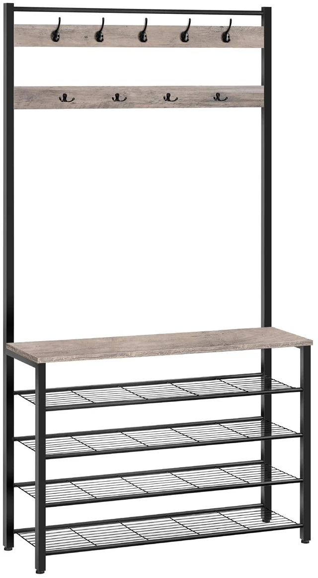 Main image of Hall Tree, Coat Rack with Shoe Rack, 39.4" Hall Tree with Bench, 5 Tier Shoe Storage Organizer with 9 Hooks for Entryway, Closet, Sturdy, Industrial, Greige and Black BG801MT01