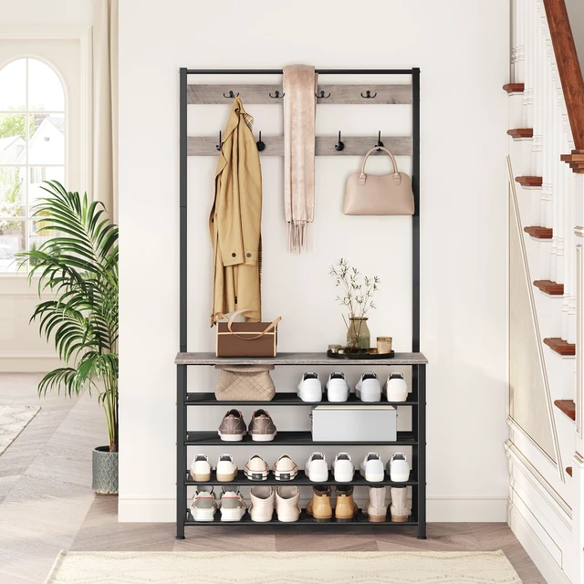 Alt view image 2 of 7 - Hall Tree, Coat Rack with Shoe Rack, 39.4" Hall Tree with Bench, 5 Tier Shoe Storage Organizer with 9 Hooks for Entryway, Closet, Sturdy, Industrial, Greige and Black BG801MT01