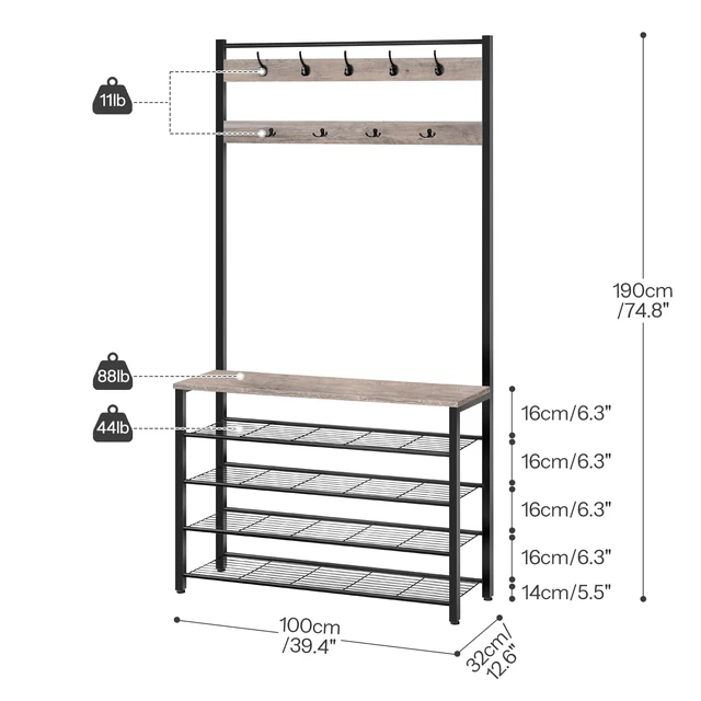 Alt view image 4 of 7 - Hall Tree, Coat Rack with Shoe Rack, 39.4" Hall Tree with Bench, 5 Tier Shoe Storage Organizer with 9 Hooks for Entryway, Closet, Sturdy, Industrial, Greige and Black BG801MT01