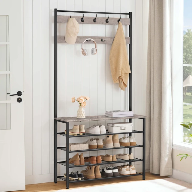 Alt view image 3 of 7 - Hall Tree, Coat Rack with Shoe Rack, 39.4" Hall Tree with Bench, 5 Tier Shoe Storage Organizer with 9 Hooks for Entryway, Closet, Sturdy, Industrial, Greige and Black BG801MT01