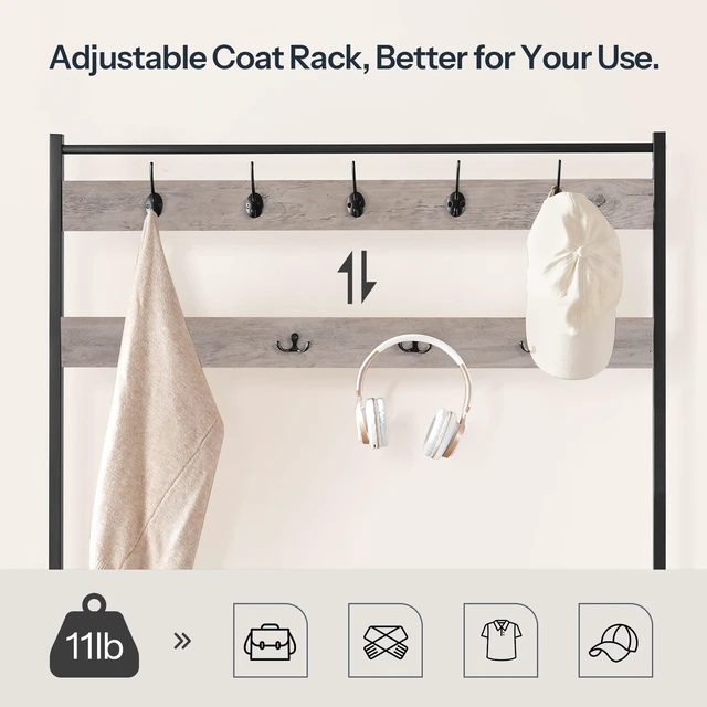 Alt view image 7 of 7 - Hall Tree, Coat Rack with Shoe Rack, 39.4" Hall Tree with Bench, 5 Tier Shoe Storage Organizer with 9 Hooks for Entryway, Closet, Sturdy, Industrial, Greige and Black BG801MT01