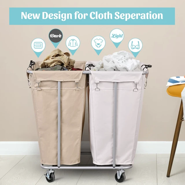 Alt view image 2 of 7 - 280L 2-Section Rolling Laundry Sorter, Oat and White | Waterproof Oxford bags, sturdy steel frames, and swivel casters support easy laundry sorting, storage, and transport.