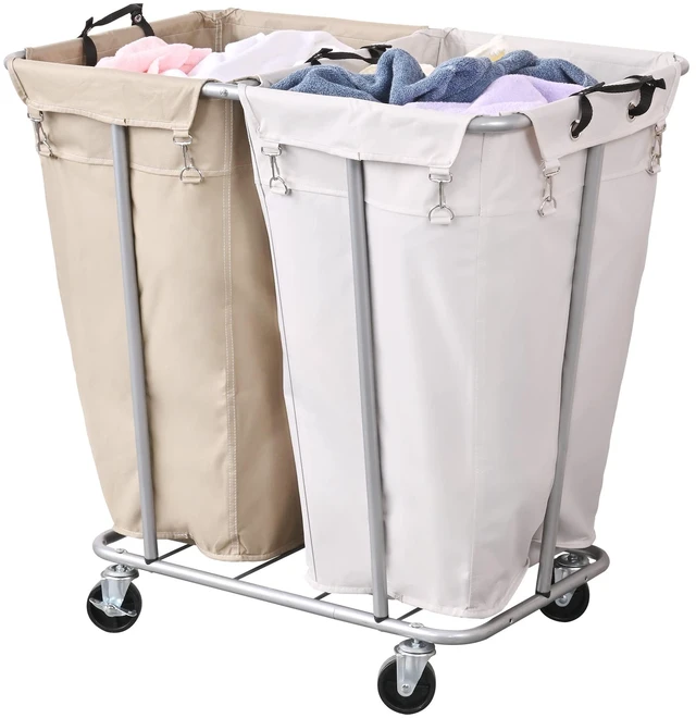Main image of 280L 2-Section Rolling Laundry Sorter, Oat and White | Waterproof Oxford bags, sturdy steel frames, and swivel casters support easy laundry sorting, storage, and transport.