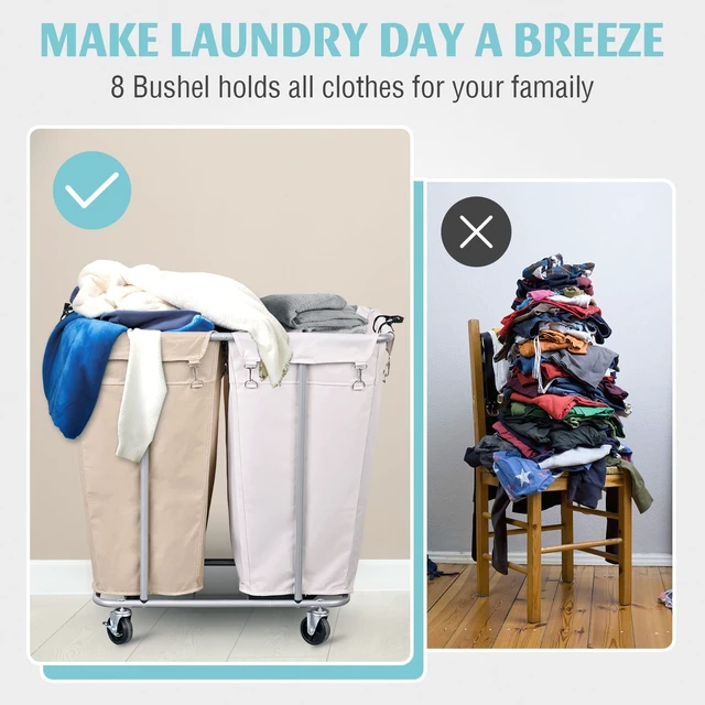 Alt view image 3 of 7 - 280L 2-Section Rolling Laundry Sorter, Oat and White | Waterproof Oxford bags, sturdy steel frames, and swivel casters support easy laundry sorting, storage, and transport.