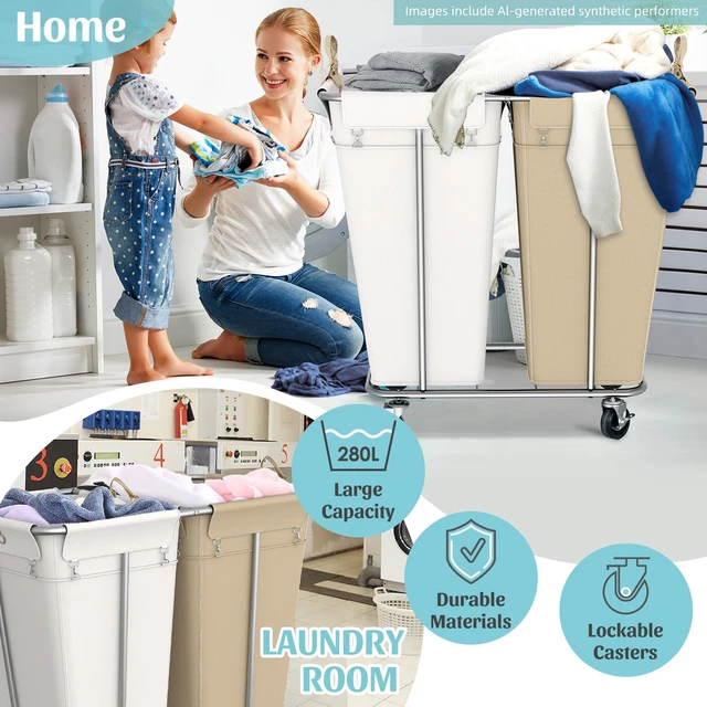 Alt view image 4 of 7 - 280L 2-Section Rolling Laundry Sorter, Oat and White | Waterproof Oxford bags, sturdy steel frames, and swivel casters support easy laundry sorting, storage, and transport.
