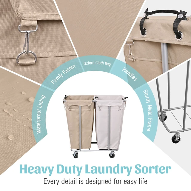 Alt view image 5 of 7 - 280L 2-Section Rolling Laundry Sorter, Oat and White | Waterproof Oxford bags, sturdy steel frames, and swivel casters support easy laundry sorting, storage, and transport.