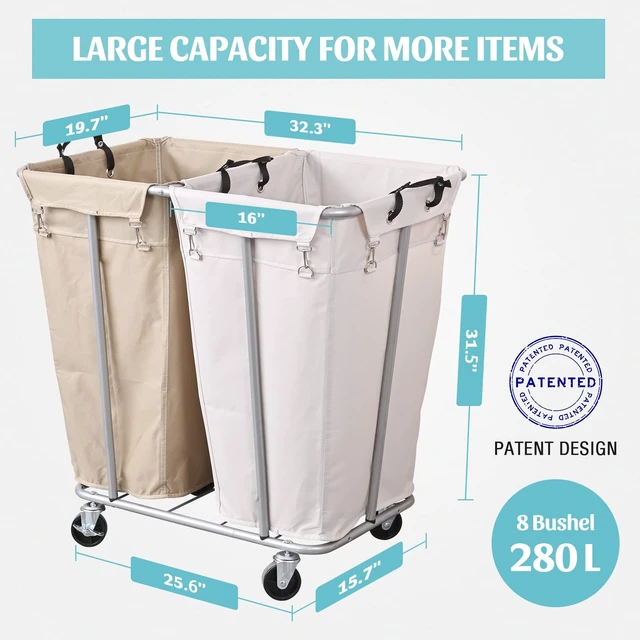 Alt view image 6 of 7 - 280L 2-Section Rolling Laundry Sorter, Oat and White | Waterproof Oxford bags, sturdy steel frames, and swivel casters support easy laundry sorting, storage, and transport.