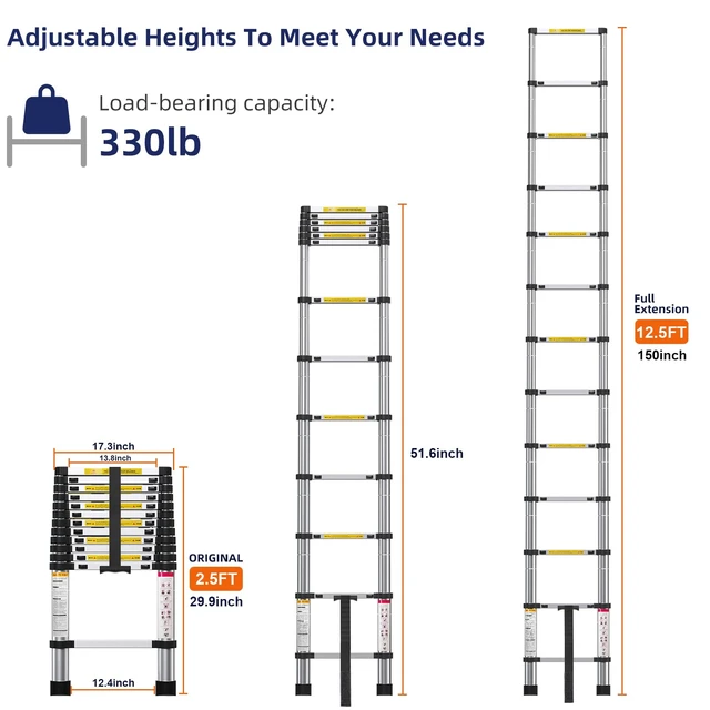 Alt view image 2 of 7 - 12.5FT Telescoping Ladder- Multi-Purpose Aluminum Extension Ladder Adjustable Compact Ladder for Household, RV, Outdoor, 330lbs Max Capacity