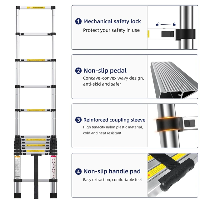 Alt view image 4 of 7 - 12.5FT Telescoping Ladder- Multi-Purpose Aluminum Extension Ladder Adjustable Compact Ladder for Household, RV, Outdoor, 330lbs Max Capacity