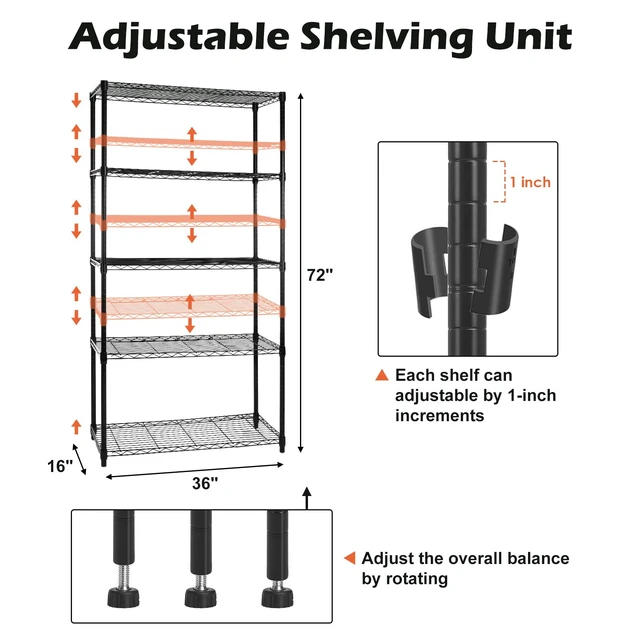 Alt view image 4 of 7 - 5 Tier Shelf Shelving Unit with Wheels,Adjustable Metal Shelves for Storage, NSF Wire Shelving Rack,350lbs Loading Capacity Per Shelf Storage Shelves for Kitchen Garage, 36" D x 16" W x 75" H