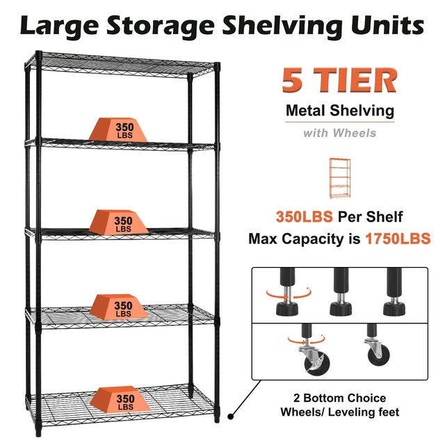 Alt view image 5 of 7 - 5 Tier Shelf Shelving Unit with Wheels,Adjustable Metal Shelves for Storage, NSF Wire Shelving Rack,350lbs Loading Capacity Per Shelf Storage Shelves for Kitchen Garage, 36" D x 16" W x 75" H