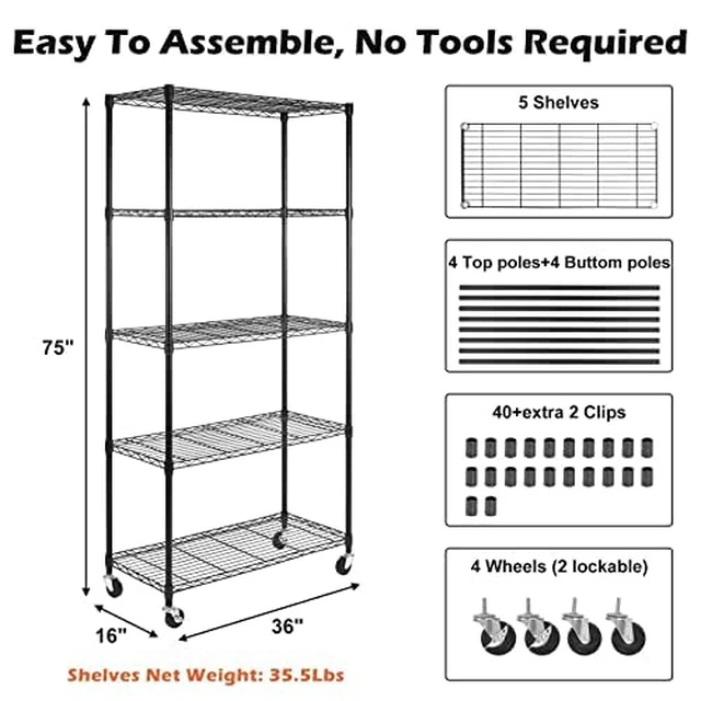 Alt view image 6 of 7 - 5 Tier Shelf Shelving Unit with Wheels,Adjustable Metal Shelves for Storage, NSF Wire Shelving Rack,350lbs Loading Capacity Per Shelf Storage Shelves for Kitchen Garage, 36" D x 16" W x 75" H