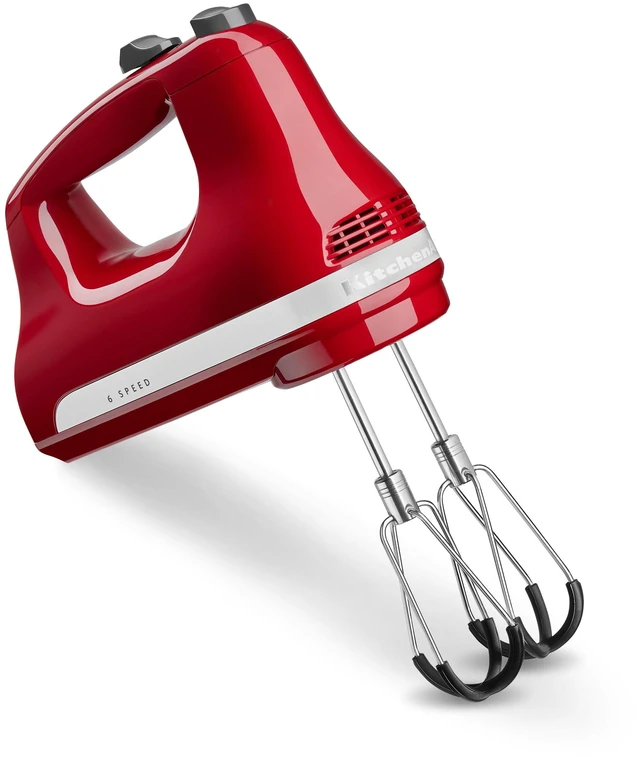 Main image of 6 Speed Hand Mixer w/Flex Edge Beaters, KHM6118, Empire Red | 6 Speeds, Dishwasher-safe Flex Edge Beaters, Integrated storage clip. Pro whisk Attachment