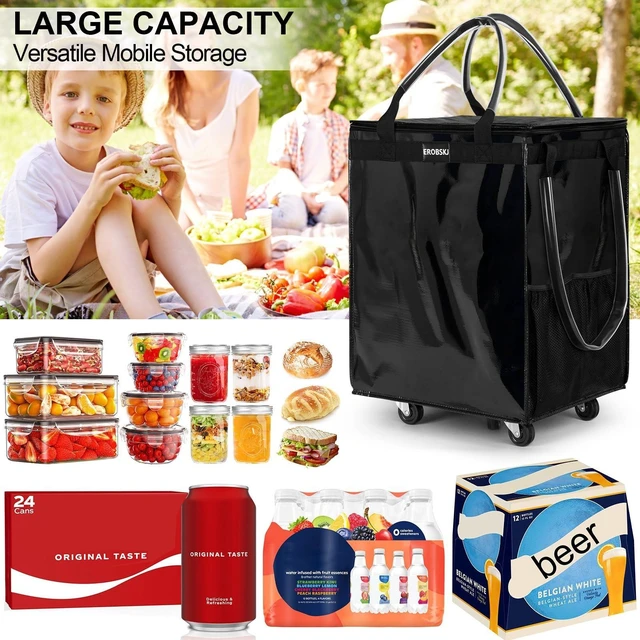 Alt view image 5 of 7 - (Large,Black) Reusable Grocery Bag on Wheels, Foldable Rolling Tote, Carries Up to 76 lbs Shopping Trolley, Zipper Clouser Shopping Carts for Trips, Laundry, 5 Heavy Duty Wheels and 3 Handles