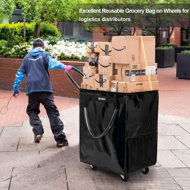 Alt view image 3 of 7 - (Large,Black) Reusable Grocery Bag on Wheels, Foldable Rolling Tote, Carries Up to 76 lbs Shopping Trolley, Zipper Clouser Shopping Carts for Trips, Laundry, 5 Heavy Duty Wheels and 3 Handles