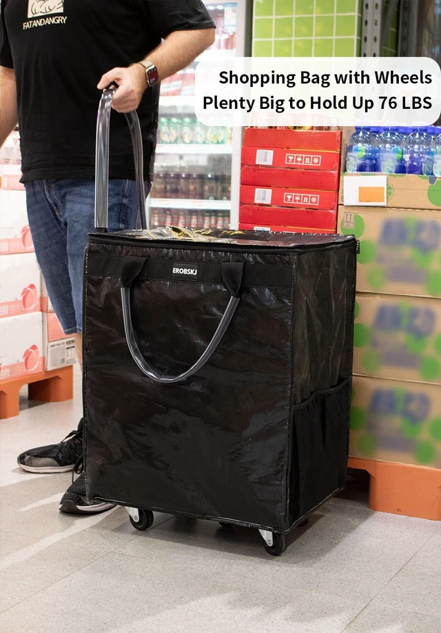 Alt view image 7 of 7 - (Large,Black) Reusable Grocery Bag on Wheels, Foldable Rolling Tote, Carries Up to 76 lbs Shopping Trolley, Zipper Clouser Shopping Carts for Trips, Laundry, 5 Heavy Duty Wheels and 3 Handles