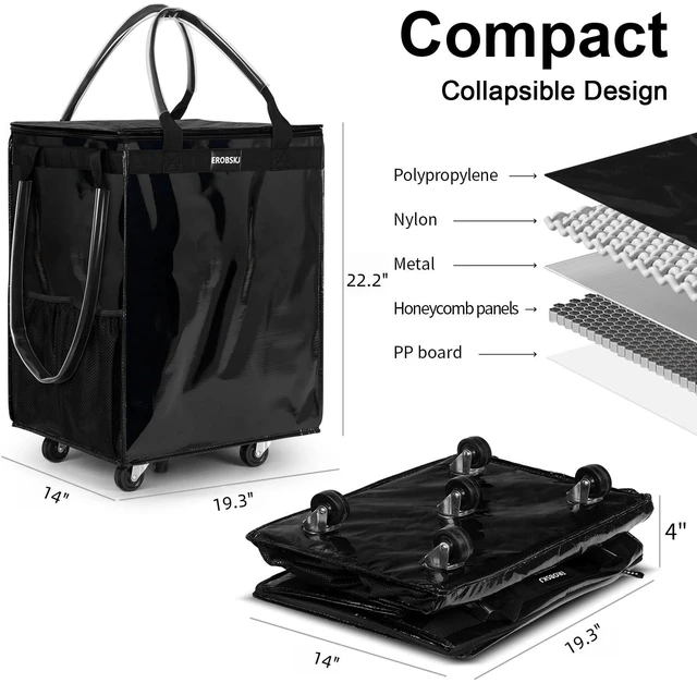 Alt view image 4 of 7 - (Large,Black) Reusable Grocery Bag on Wheels, Foldable Rolling Tote, Carries Up to 76 lbs Shopping Trolley, Zipper Clouser Shopping Carts for Trips, Laundry, 5 Heavy Duty Wheels and 3 Handles