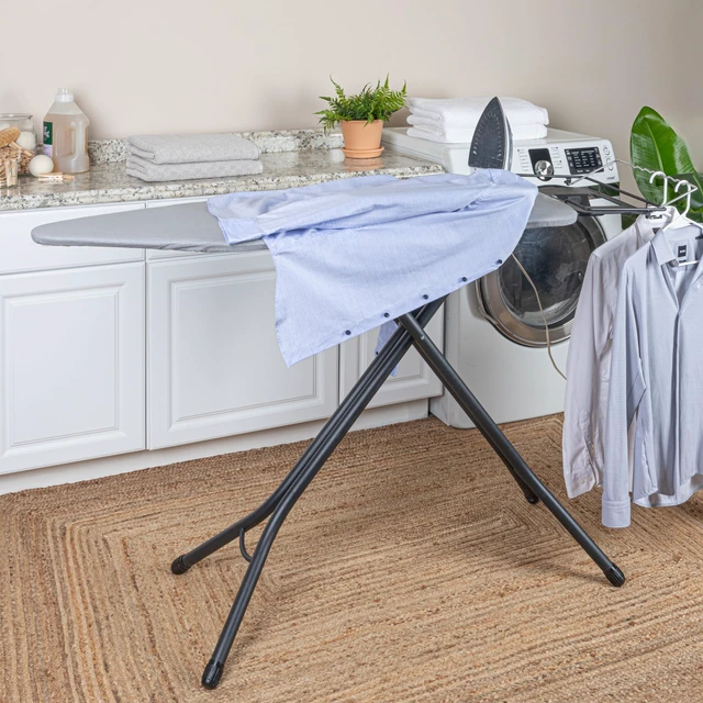 Alt view image 3 of 7 - Wide Mega Ironing Board 4-Leg, Steel Top Pressing Station, Matte Black Frame, Grey Cover