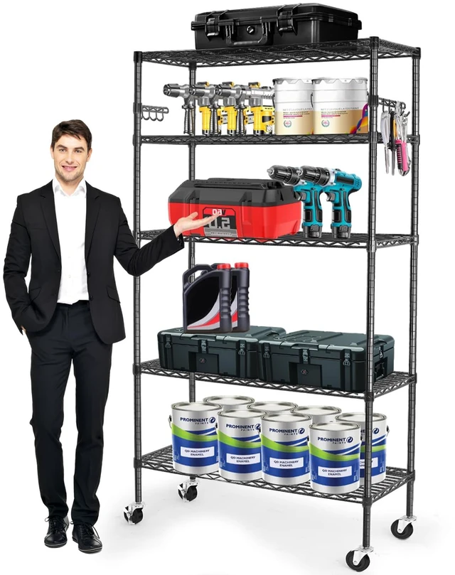 Main image of Storage Shelves,1750Lbs 5 Tier Heavy Duty Metal Rolling Shelving Unit with Wheels & 8 Hooks, Adjustable Garage Wire Rack for Kitchen, Bathroom,Industrial,Pantry(36" W x 14" D x 72" H,Black)