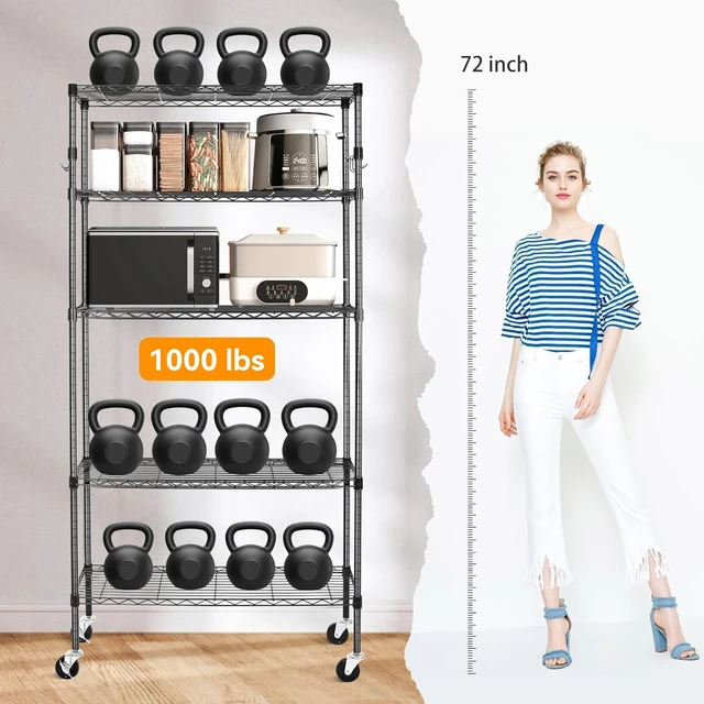 Alt view image 2 of 7 - Storage Shelves,1750Lbs 5 Tier Heavy Duty Metal Rolling Shelving Unit with Wheels & 8 Hooks, Adjustable Garage Wire Rack for Kitchen, Bathroom,Industrial,Pantry(36" W x 14" D x 72" H,Black)