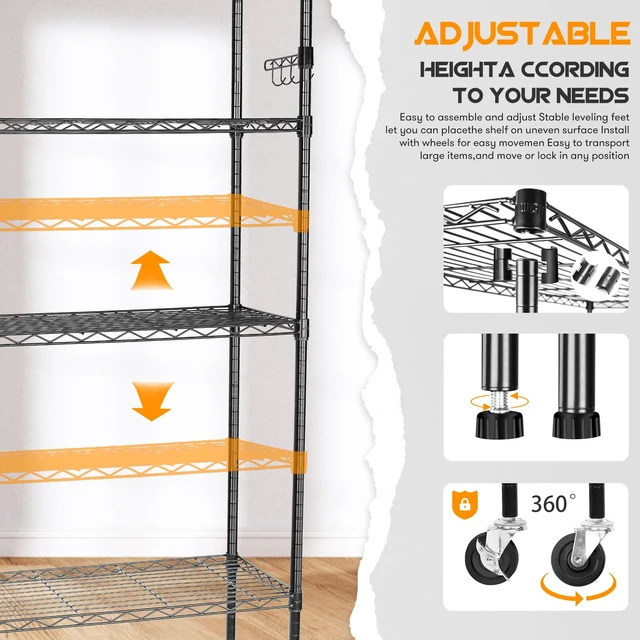 Alt view image 3 of 7 - Storage Shelves,1750Lbs 5 Tier Heavy Duty Metal Rolling Shelving Unit with Wheels & 8 Hooks, Adjustable Garage Wire Rack for Kitchen, Bathroom,Industrial,Pantry(36" W x 14" D x 72" H,Black)