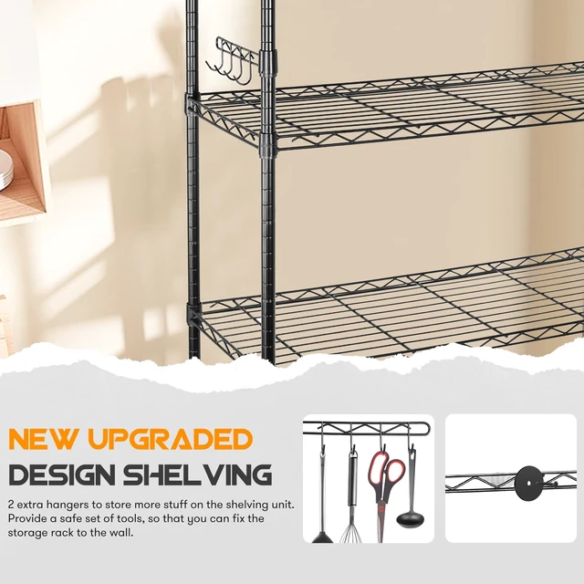 Alt view image 4 of 7 - Storage Shelves,1750Lbs 5 Tier Heavy Duty Metal Rolling Shelving Unit with Wheels & 8 Hooks, Adjustable Garage Wire Rack for Kitchen, Bathroom,Industrial,Pantry(36" W x 14" D x 72" H,Black)