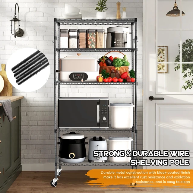 Alt view image 5 of 7 - Storage Shelves,1750Lbs 5 Tier Heavy Duty Metal Rolling Shelving Unit with Wheels & 8 Hooks, Adjustable Garage Wire Rack for Kitchen, Bathroom,Industrial,Pantry(36" W x 14" D x 72" H,Black)