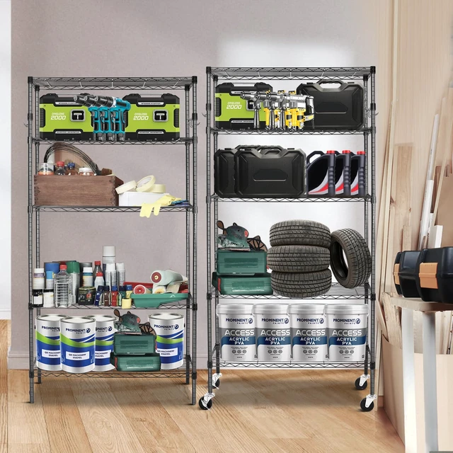 Alt view image 6 of 7 - Storage Shelves,1750Lbs 5 Tier Heavy Duty Metal Rolling Shelving Unit with Wheels & 8 Hooks, Adjustable Garage Wire Rack for Kitchen, Bathroom,Industrial,Pantry(36" W x 14" D x 72" H,Black)