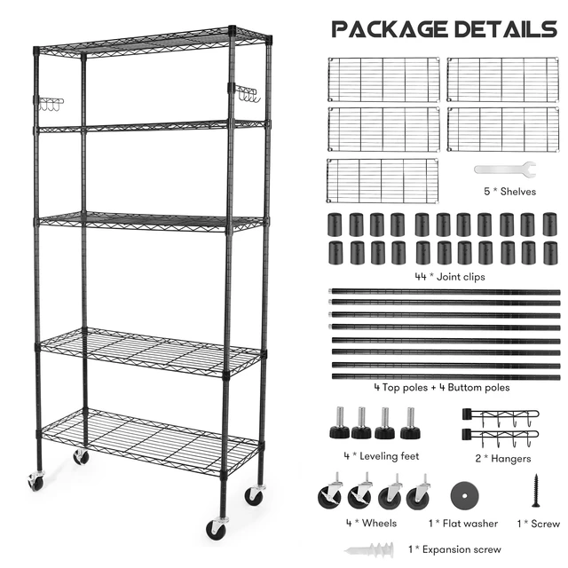 Alt view image 7 of 7 - Storage Shelves,1750Lbs 5 Tier Heavy Duty Metal Rolling Shelving Unit with Wheels & 8 Hooks, Adjustable Garage Wire Rack for Kitchen, Bathroom,Industrial,Pantry(36" W x 14" D x 72" H,Black)