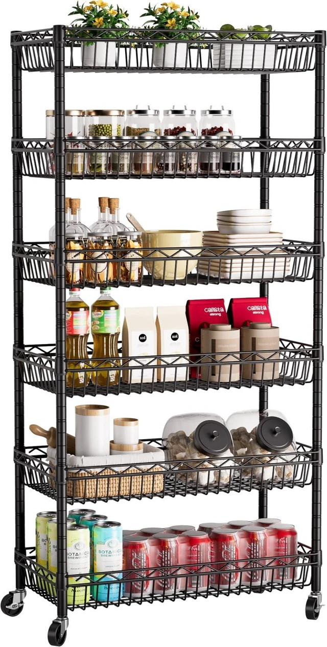 Main image of Basket Shelves Closet Rack with Wheels Metal Pantry Wire Shelf Unit | 6 tier Storage Rolling Shelving Bathroom Organizers Kitchen Garage Laundry Room Organization Home 30"Dx13.6"Wx65"H Black