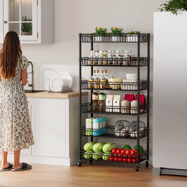 Alt view image 2 of 7 - Basket Shelves Closet Rack with Wheels Metal Pantry Wire Shelf Unit | 6 tier Storage Rolling Shelving Bathroom Organizers Kitchen Garage Laundry Room Organization Home 30"Dx13.6"Wx65"H Black