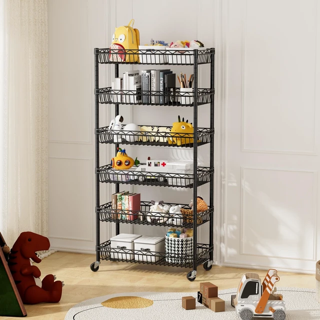 Alt view image 7 of 7 - Basket Shelves Closet Rack with Wheels Metal Pantry Wire Shelf Unit | 6 tier Storage Rolling Shelving Bathroom Organizers Kitchen Garage Laundry Room Organization Home 30"Dx13.6"Wx65"H Black