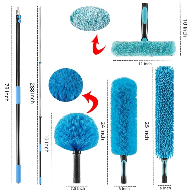Alt view image 2 of 7 - 30 Foot High Ceiling Fan, Cobweb Duster with 6-24ft Extension Pole | Extendable, Reusable Feather, Window Cleaning Squeegee Kit