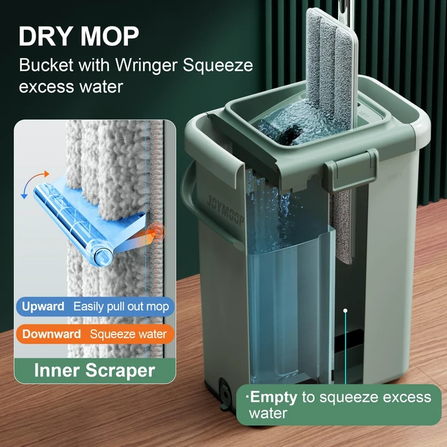 Alt view image 3 of 7 - Flat Mop System, Microfiber Mop and Bucket Set, Green, Household & Commercial Floor Cleaning Mop, Includes 2 Mops and 8 Large Microfiber Pads