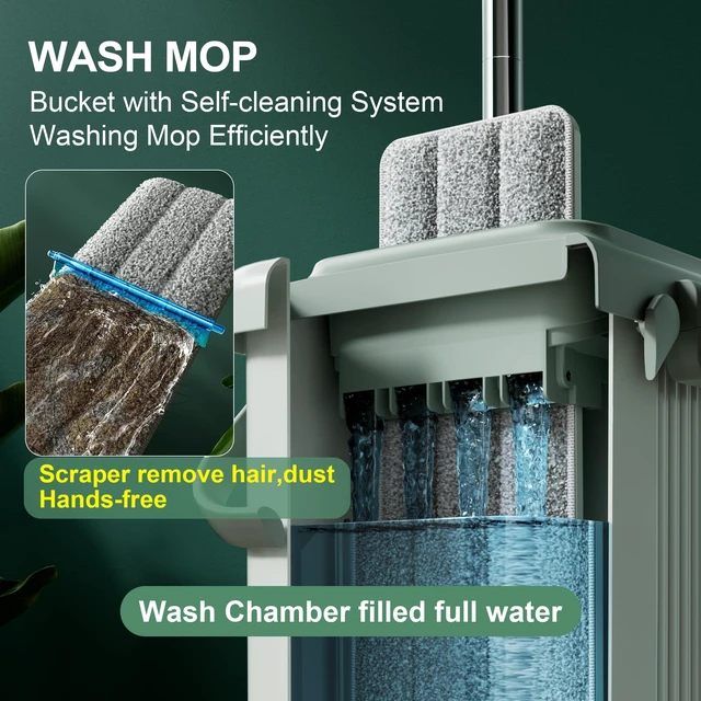 Alt view image 2 of 7 - Flat Mop System, Microfiber Mop and Bucket Set, Green, Household & Commercial Floor Cleaning Mop, Includes 2 Mops and 8 Large Microfiber Pads