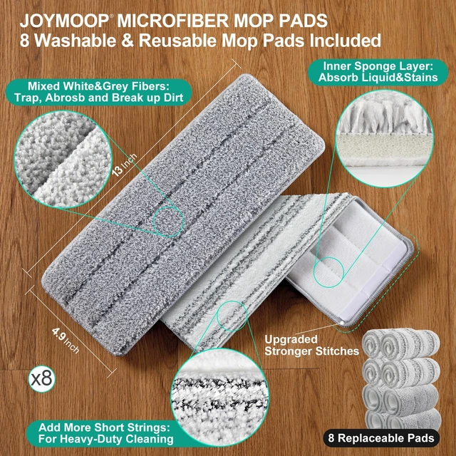 Alt view image 6 of 7 - Flat Mop System, Microfiber Mop and Bucket Set, Green, Household & Commercial Floor Cleaning Mop, Includes 2 Mops and 8 Large Microfiber Pads