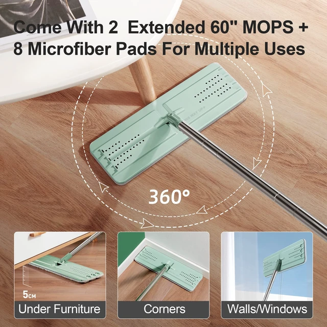 Alt view image 5 of 7 - Flat Mop System, Microfiber Mop and Bucket Set, Green, Household & Commercial Floor Cleaning Mop, Includes 2 Mops and 8 Large Microfiber Pads